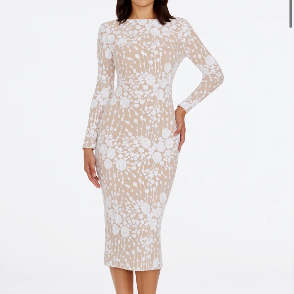 Dress the Population NWT Emery Floral Beige and White Sequin Midi Dress